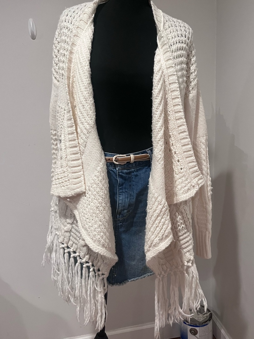 American Eagle Outfitters Ivory Fringe Open-Front Knit Cardigan